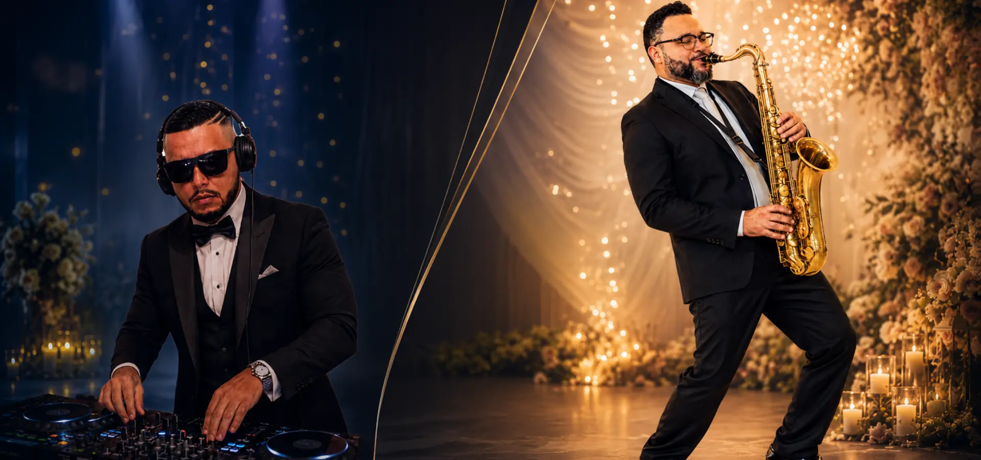 DJ DENNY BOY na cabine e Shall no saxofone durante um casamento