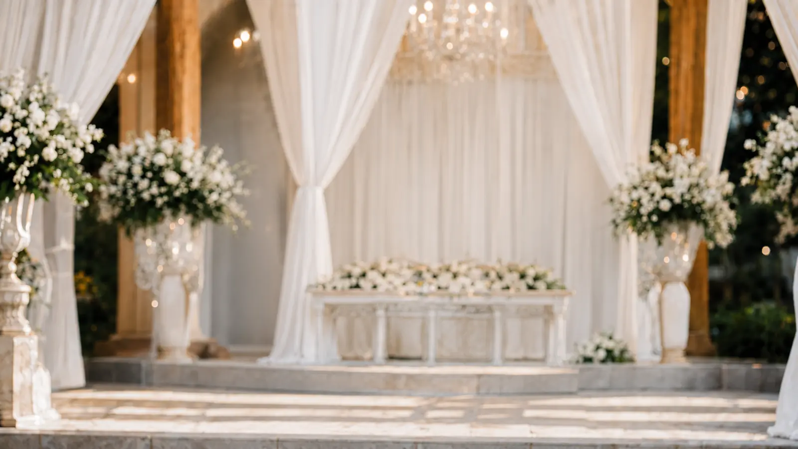 Salão de casamento com iluminação quente e pista elegante